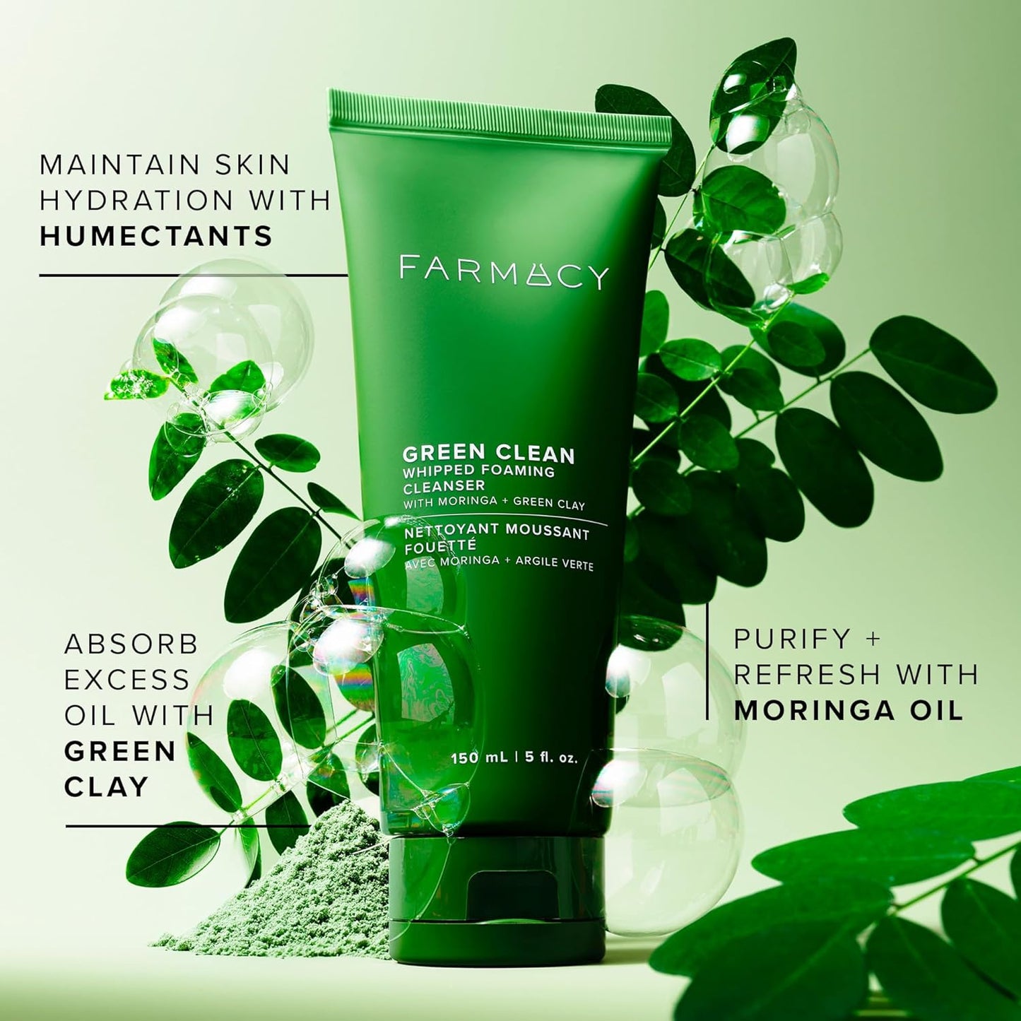Farmacy Foaming Face Wash for Oily Skin - Whipped Greens Oil-Free Gentle Facial Cleanser + Exfoliator - Infused with Green Clay to Remove Impurities, Control Oil + Maintain Skin Hydration (150ml)-GlimoraGlow