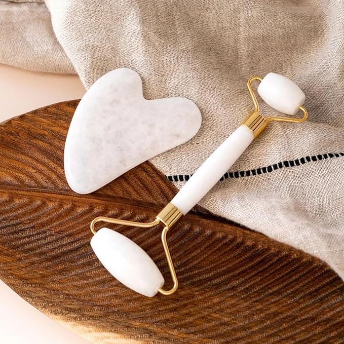 ROSELYNBOUTIQUE Gua Sha Facial Tools & Face Roller for Wrinkless Natural Skincare Tool Jade Roller Guasha Tool for Face Facial Massager (White Jade)-GlimoraGlow
