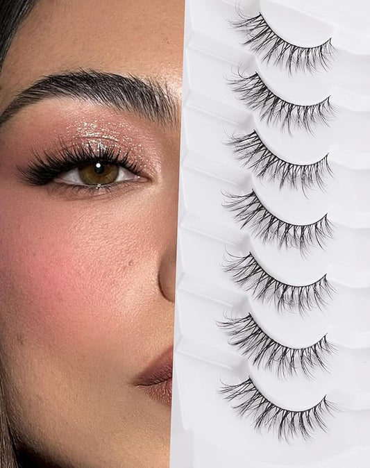 Cat eye Lashes Natural Wispy Lash Strip Natural Look Flared Eyelashes Fairy False Eye Lashes Fluffy False Eyelashes Soft 7 Pairs D97-GlimoraGlow