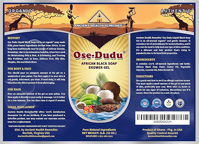 Organic, Anti-Bacterial OSE DUDU LIQUID BLACK SOAP GEL 2 LB (32 oz) Acne Eczema Dry Skin Psoriasis Scar Removal Face and Body Wash Skin Care (GHANA)-GlimoraGlow