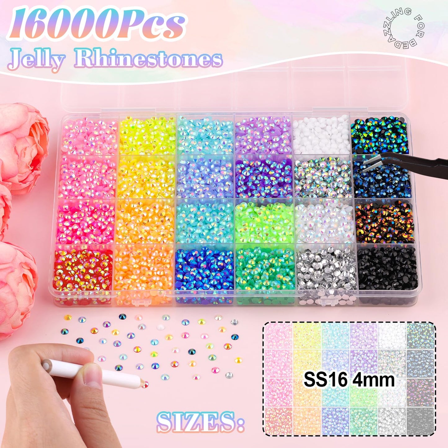 16000Pcs Resin Rhinestones for Bedazzling with B7000 Jewelry Glue, 4MM Colorful Gems Flatback Rhinestones for Crafting, Crystal for DIY Crafts Clothing Tumblers Mugs Shoes Fabric Decor Nail Art-GlimoraGlow