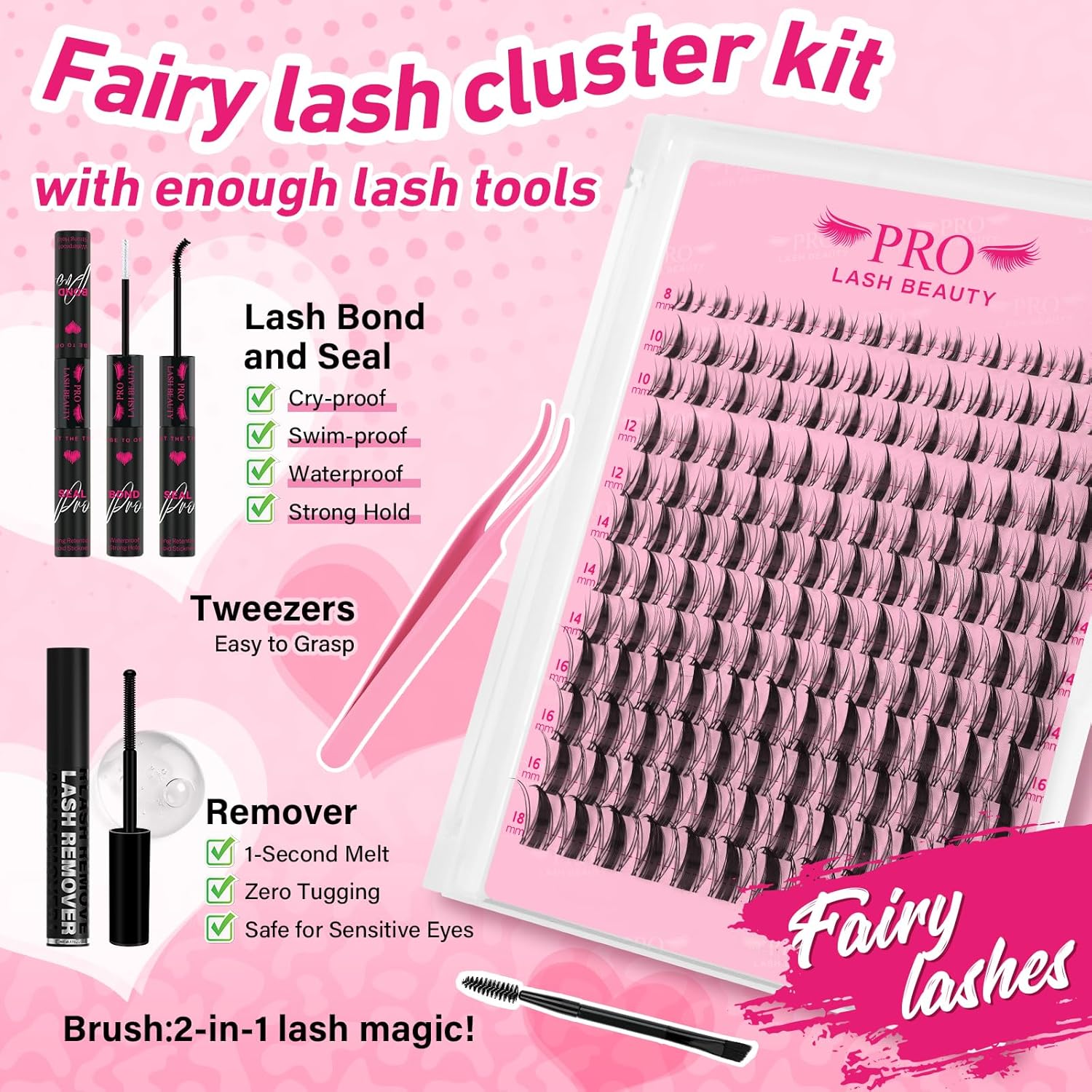 PROLASHBEAUTY Fairy Lash Clusters Kit Manga Spiky Eyelash Clusters Ultra Thin Band Natural Look Lashes Kit with Lash Bond and Seal Remover (Fairy, 8-18mix)-GlimoraGlow