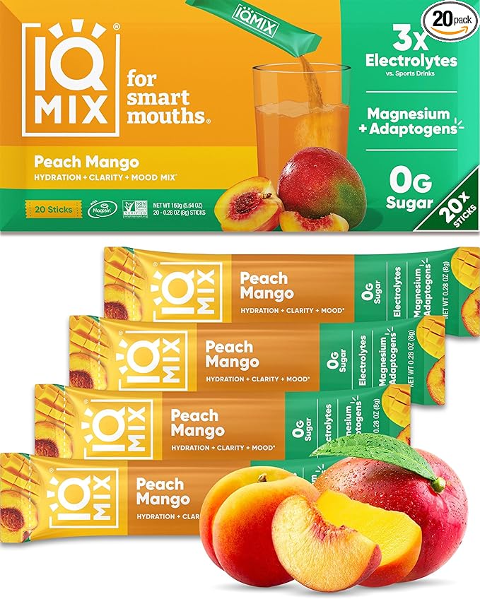 IQMIX Hydration Electrolyte Powder – 4-in-1 Formula for Hydration, Mental Clarity, Mood and Recovery – Sugar-Free Drink Mix, Keto, Magnesium L-Threonate, Lion’s Mane – 20 Count Peach Mango-GlimoraGlow