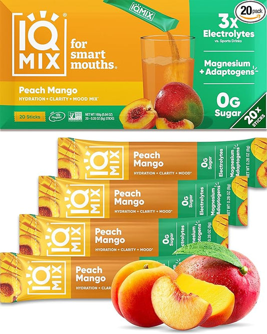 IQMIX Hydration Electrolyte Powder – 4-in-1 Formula for Hydration, Mental Clarity, Mood and Recovery – Sugar-Free Drink Mix, Keto, Magnesium L-Threonate, Lion’s Mane – 20 Count Peach Mango-GlimoraGlow