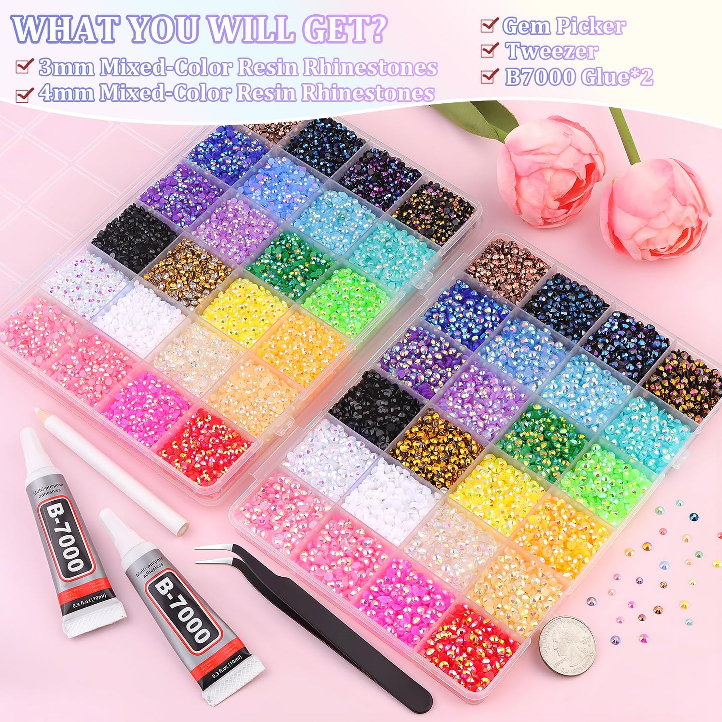 2 Boxes Jelly Rhinestones for Bedazzling, 36600Pcs 3mm & 4mm Multicolor Flatback Resin Gems for Crafting, Bedazzler Kit with 2Pcs 10ml B7000 Jewelry Glue for DIY Crafts Book Fabric Decor Nail Art-GlimoraGlow