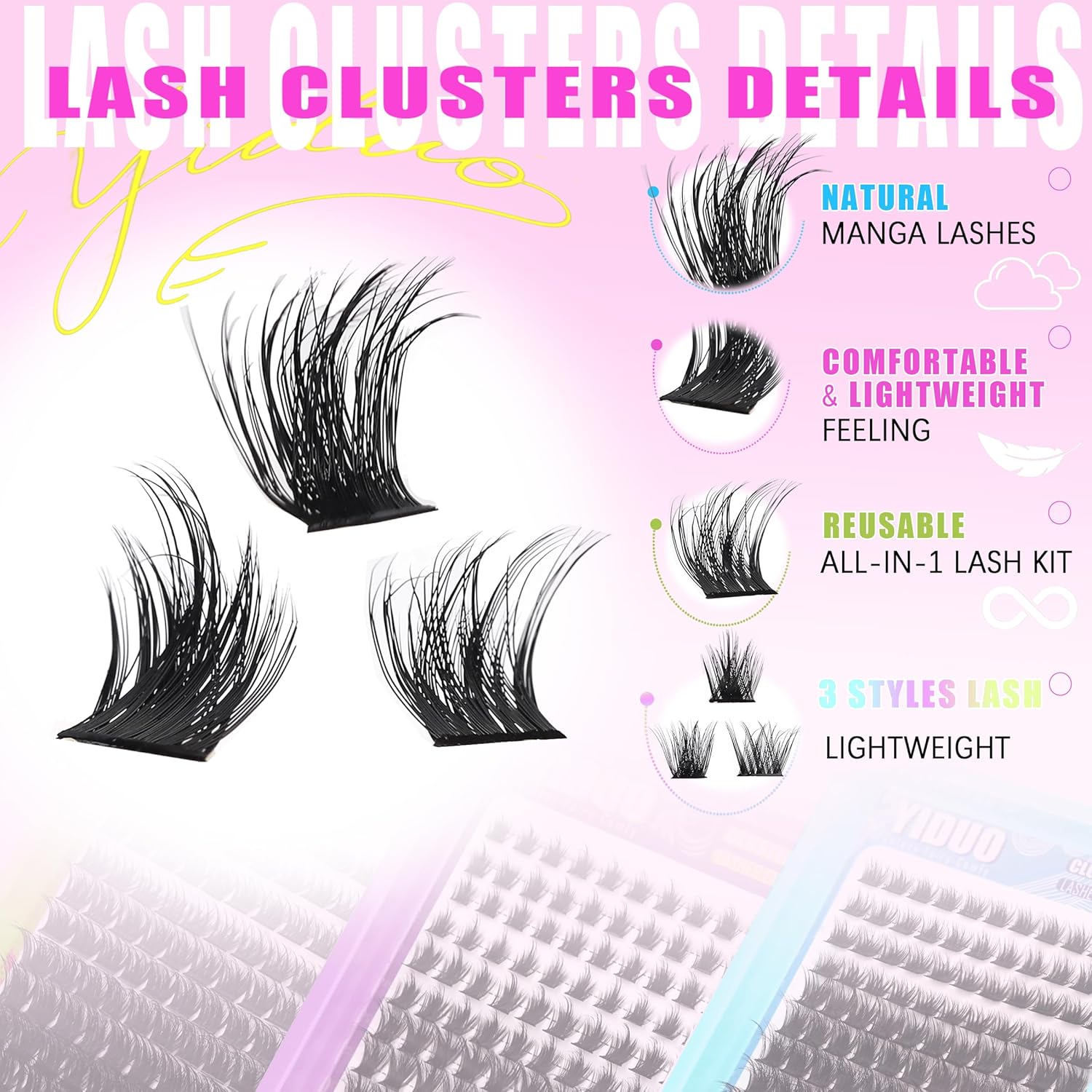 3 Styles Lash Clusters Kit Bulk Packs with 2×Bond&Seal Volume/Manga/ultra/Dramatic Eyelash Extensions 8-18mm lashes Clusters Kit Wispy D Curl Individual Fake Eyelashes Kit DIY at Home Easily-GlimoraGlow