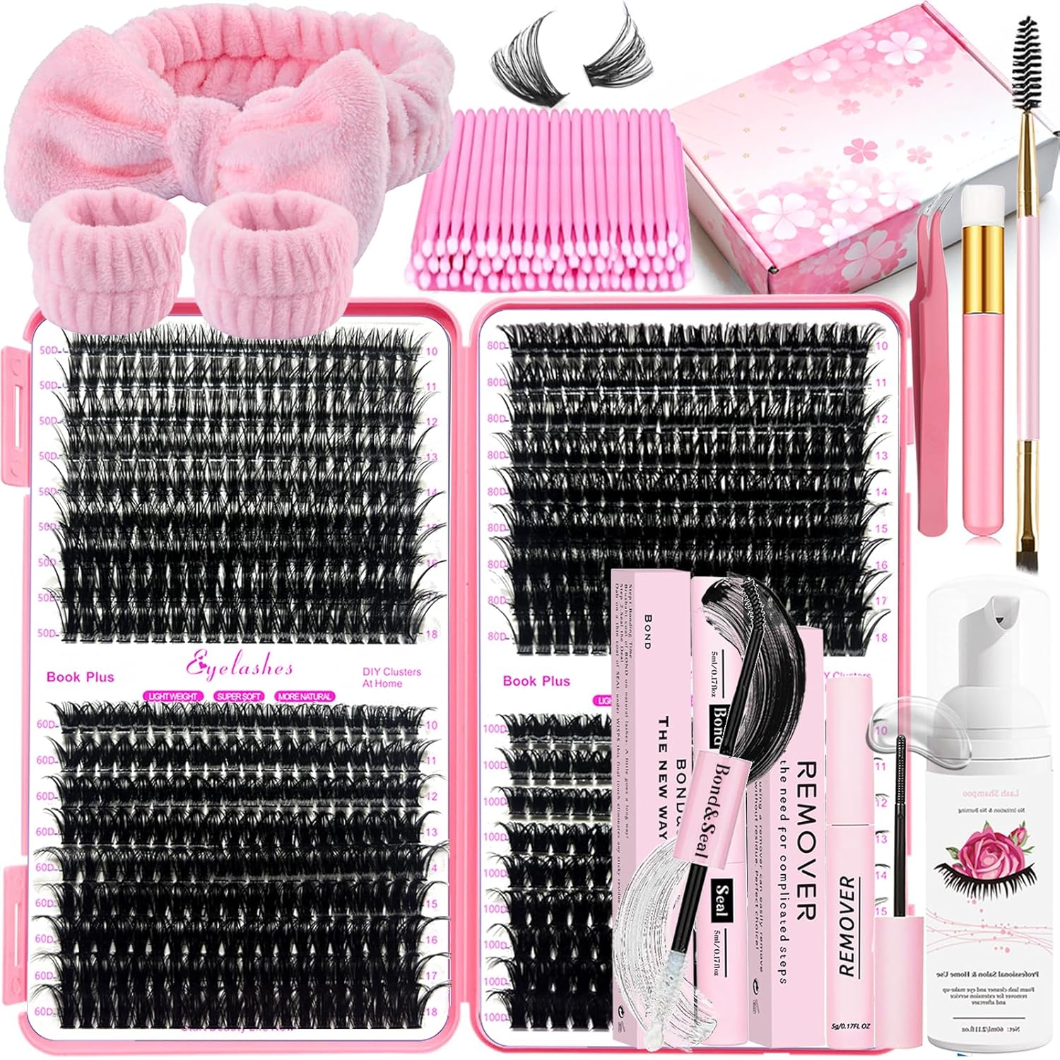 DIY Lash Extension Kit 684Pcs 10-18mm D Curl Lashes Clusters with Lash Bond and Seal Glue Remover Lash Shampoo Cleansing Brush Headband Wristband Tweezers Eyelash Brush Applicator-GlimoraGlow