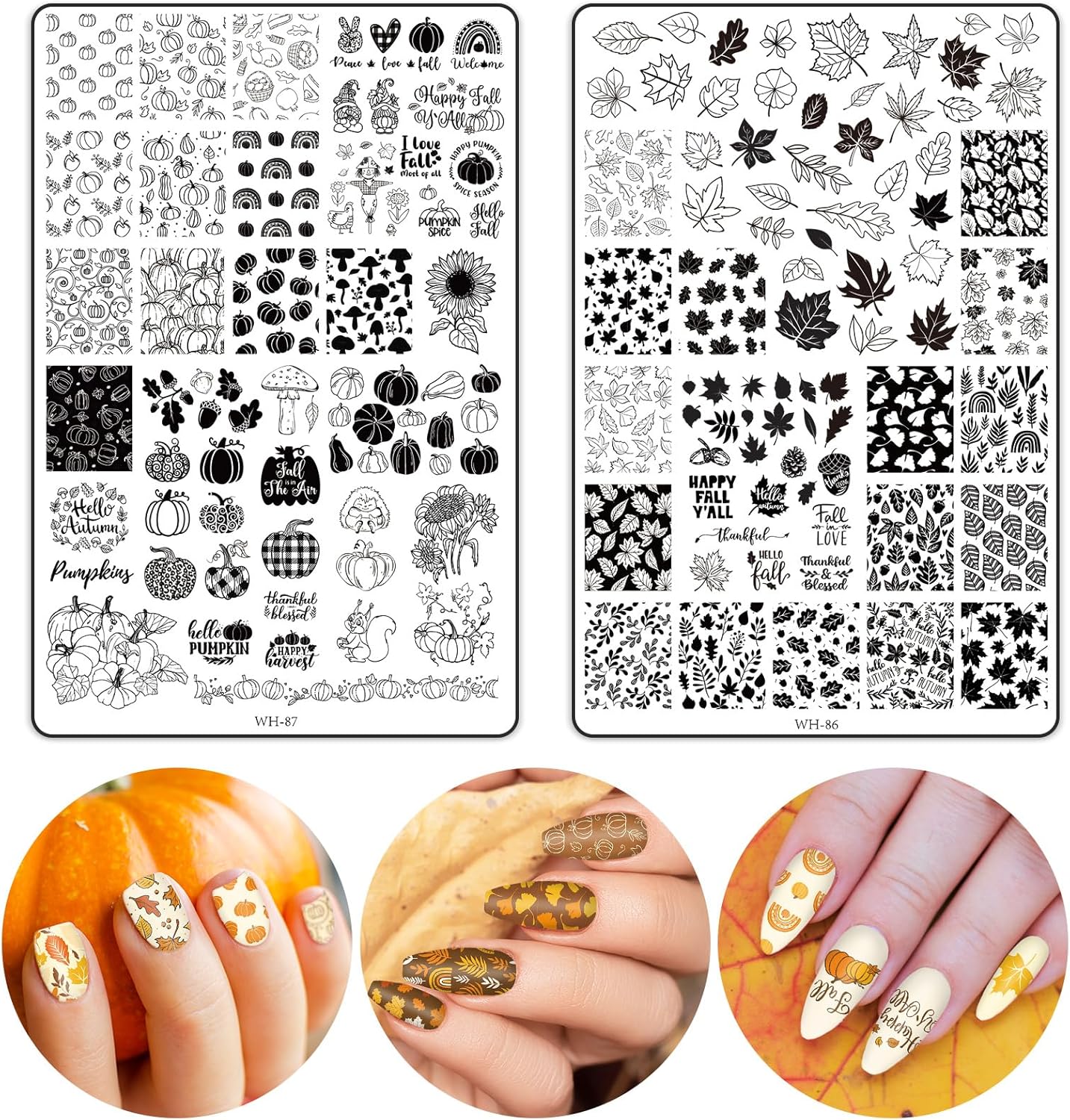 2 Sheet Fall Thanksgiving Nail Art Stamping Plate Kit Assorted Pumpkins Maple Leaves Autumn Blessing Collection Nail Art Plate for Holiday DIY Print Manicure Salon, 5.7 x 3.7inch-GlimoraGlow