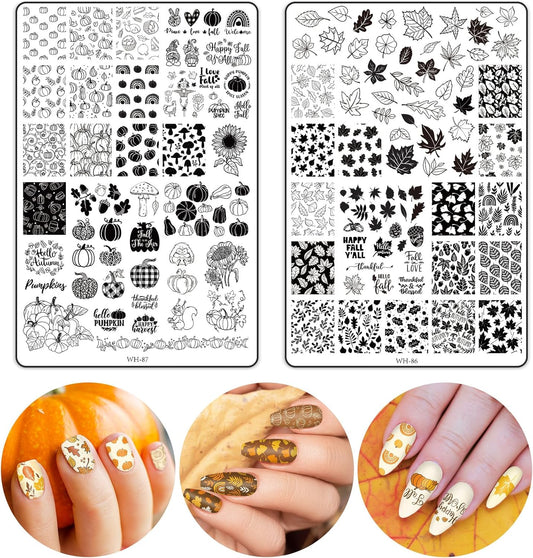 2 Sheet Fall Thanksgiving Nail Art Stamping Plate Kit Assorted Pumpkins Maple Leaves Autumn Blessing Collection Nail Art Plate for Holiday DIY Print Manicure Salon, 5.7 x 3.7inch-GlimoraGlow