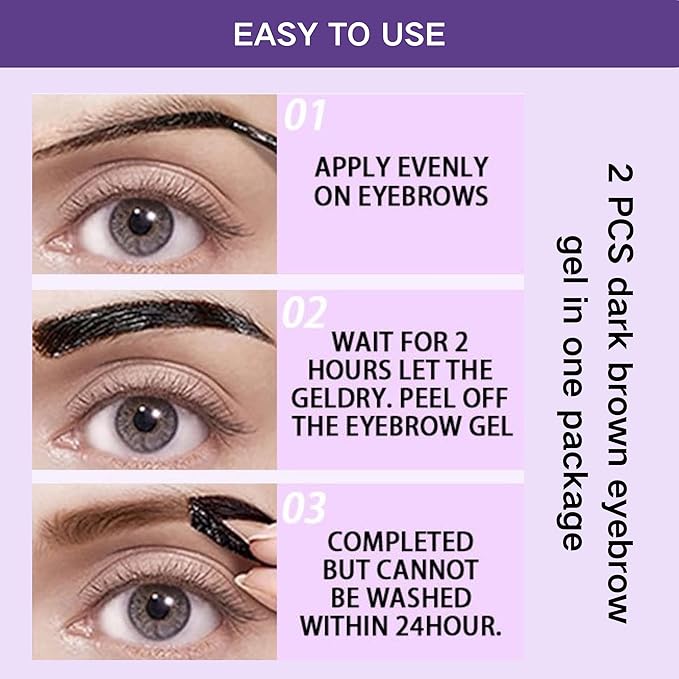 2 Pcs Dark Brown Easy Peel Off Eyebrow Gel, Tattoo Eyebrow Tint, Waterproof & Sweatproof Peel Off Tinted Eyebrow, Long-lasting Natural Color Up to 3 Days, Eyebrow Tattoo for All Skin Types (#01)-GlimoraGlow