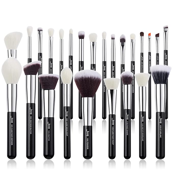 Jessup 25pcs Professional Makeup Brush Set Foundation Powder Concealer Eyeshadow Blending Blush Highlighter Natural-Synthetic Hair Brushes (Black/Silver)-GlimoraGlow