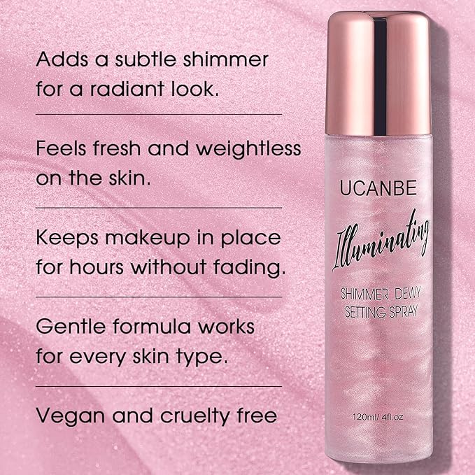 UCANBE Shimmer Dewy Setting Spray – Glowing + Makeup Setting Spray 2 in 1 Lightweight Formula for a Radiant Glow,Long-Lasting Face Mist for Face Body, 4 Fl Oz #Bubblegum-GlimoraGlow