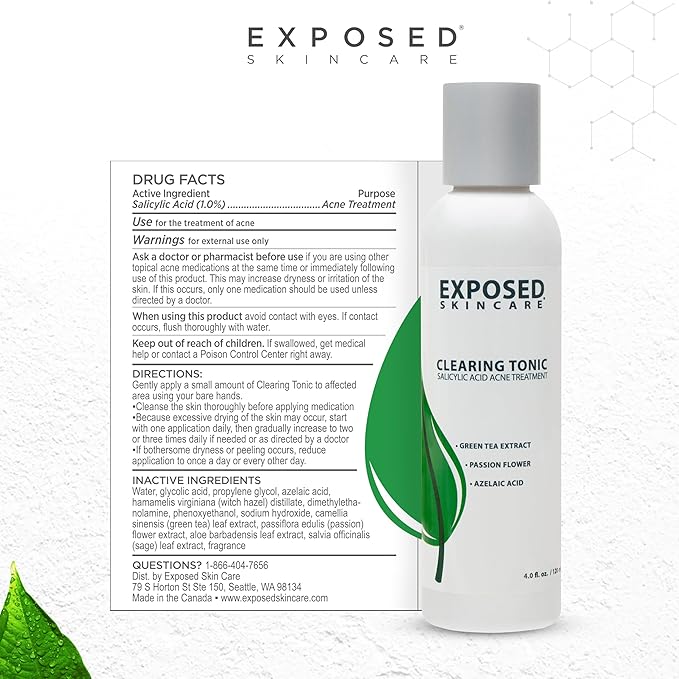 Exposed Skin Care Clearing Tonic Facial Toner with 1% Salicylic Acid and Witch Hazel for Acne Treatment – Pore Minimizing Toner to Prevent Breakouts, Reduce Redness and Balance Skin – Step 2 (4 fl oz)-GlimoraGlow