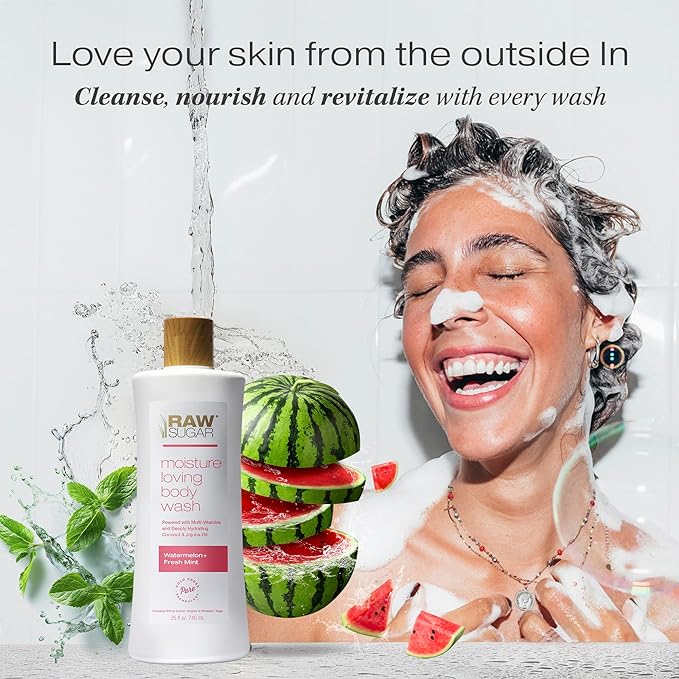RAW SUGAR Moisture Loving Body Wash - Watermelon + Fresh Mint, Moisturizing & Refreshing Bath & Shower Gel, Sulfate-Free, Paraben-Free & Vegan (Pack of 3)-GlimoraGlow