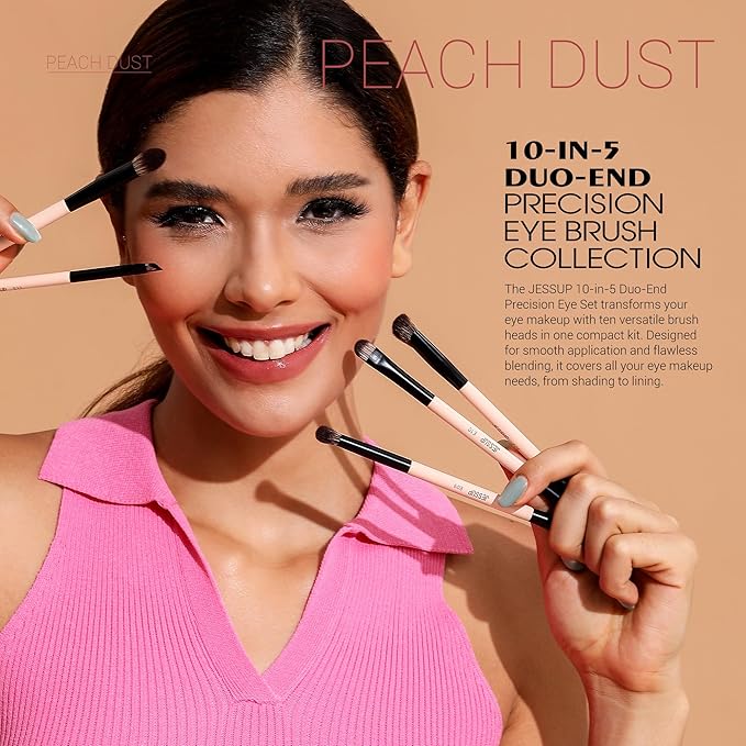 Jessup Makeup Brushes 5pcs Double Ended Eyeshadow Brush Contour Blending Eyeliner Eye Shader Brush, Vegan Fiber Precision Eye Brush Set Peach Dust T509-GlimoraGlow