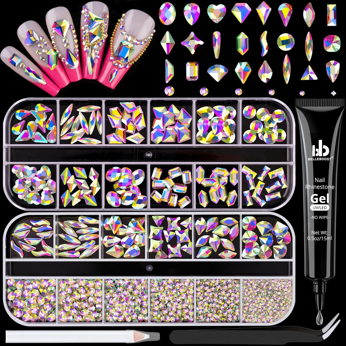 1680Pcs AB Glass Nail Rhinestones 180Pcs Multi Shapes Flatback Nail Gems + 1500Pcs 1.5-4mm Round Crystal with Rhinestones Glue Gel, Manicure Nail Charms Diamond Gemstones for Nail Art-GlimoraGlow