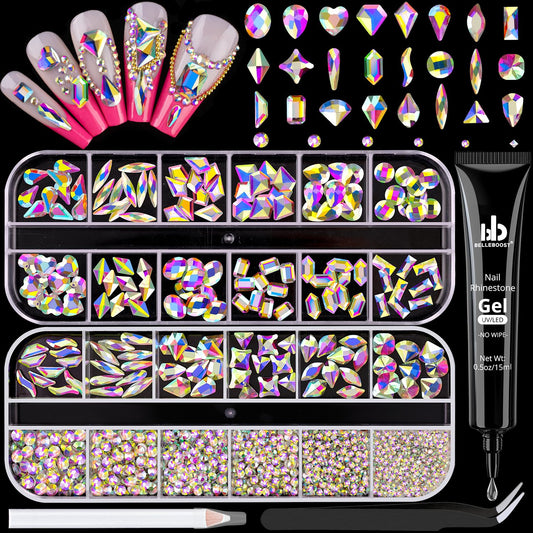 1680Pcs AB Glass Nail Rhinestones 180Pcs Multi Shapes Flatback Nail Gems + 1500Pcs 1.5-4mm Round Crystal with Rhinestones Glue Gel, Manicure Nail Charms Diamond Gemstones for Nail Art-GlimoraGlow