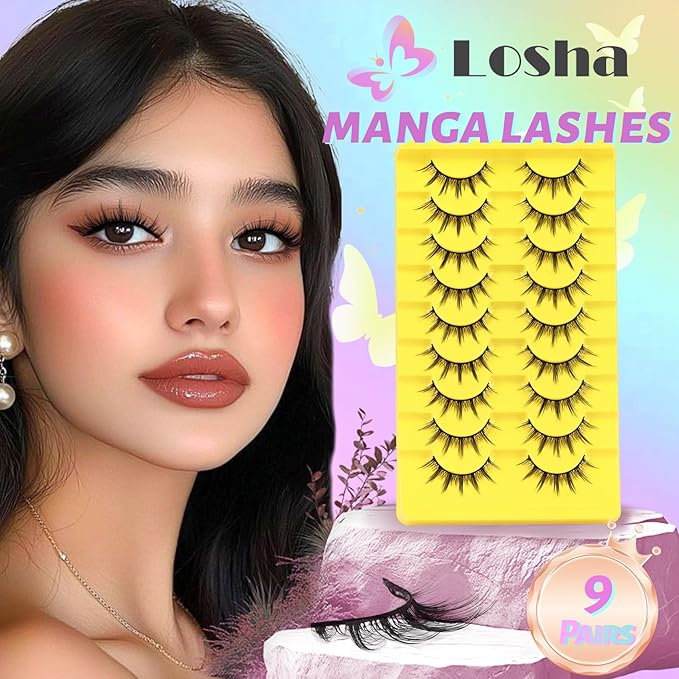 Losha Lashes Wispy Manga Lashes Natural False Eyelashes 9 Pairs Thin Eye Lashes Pack Soft Anime Fake Eyelashes (Manga)-GlimoraGlow
