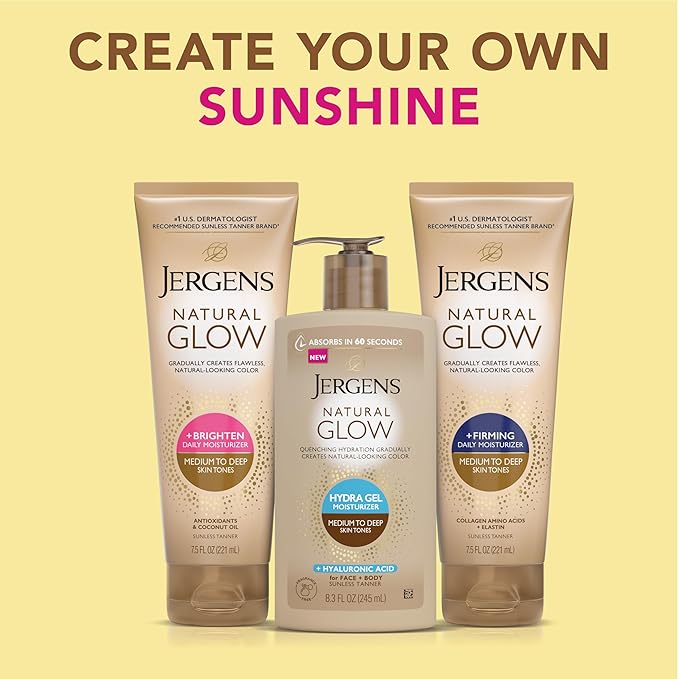 Jergens Natural Glow Hydra Gel Moisturizer, Gradual Tanning Lotion with Hyaluronic Acid, Hydrating Tanning Gel, Fragrance-Free Self Tanner, Medium to Deep Skin Tones 8.3 Fl Oz-GlimoraGlow
