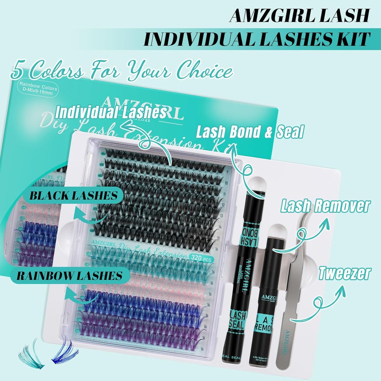 Lash Extension Kit 320Pcs,DIY Individual Lashes Clusters Kit,Lash Bond And Seal,Lash Remover For Colorful Eyelashes Extensions,Lash Applicator Tools For False Eyelash Cluster Kit(40D,D-Mix9-16mm Kit)-GlimoraGlow