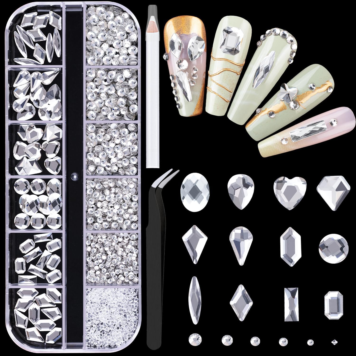 2060Pcs Silver Clear Nail Rhinestones 60Pcs Multi Shapes Glass Flatback Nail Gems + 2000Pcs 1.5-4mm Round Crystal, Manicure Nail Charms Diamond Gemstones for Acrylic Nails Decoration-GlimoraGlow