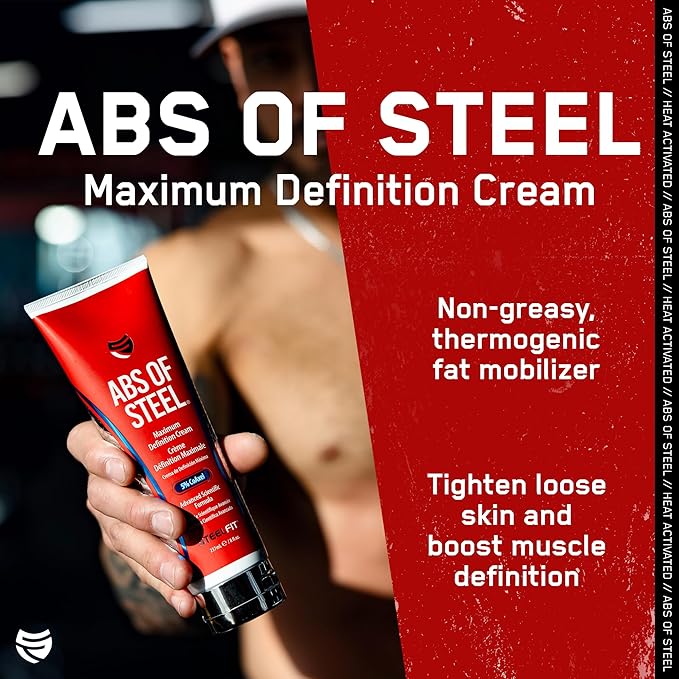 SteelFit Abs of Steel Maximum Definition Cream - Skin Tightening, Toning & Firming Lotion for Sculpting Abs - L-Carnitine Pre & Post Workout Supplement for Men & Women - Non-Greasy Formula, 3.4 Ounces-GlimoraGlow