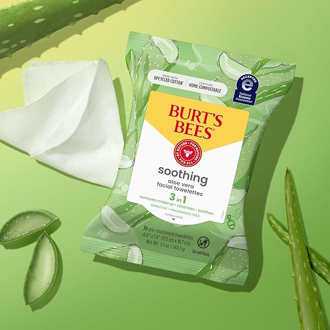 Burt's Bees Back To School Dorm Essentials, Aloe Vera Face Wipes, for Sensitive Skin, Soothing Makeup Remover & Facial Cleansing Towelettes, 30 Ct. (3-Pack)-GlimoraGlow