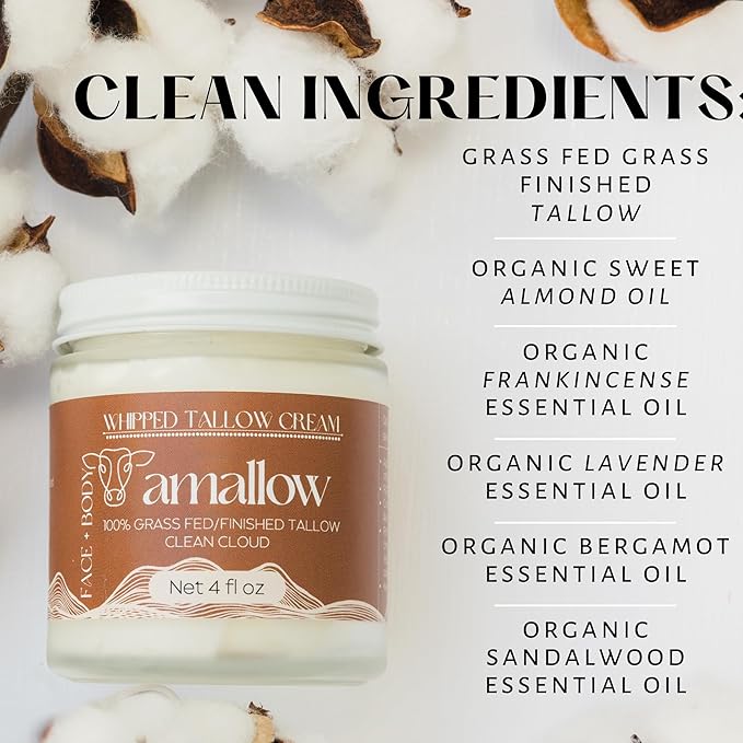 Amallow 100% Grass Fed Beef Tallow for Skin Care - Face + Body - Whipped Moisturizer - Natural Lotion, 4 FL. oz. (Clean Cloud)-GlimoraGlow