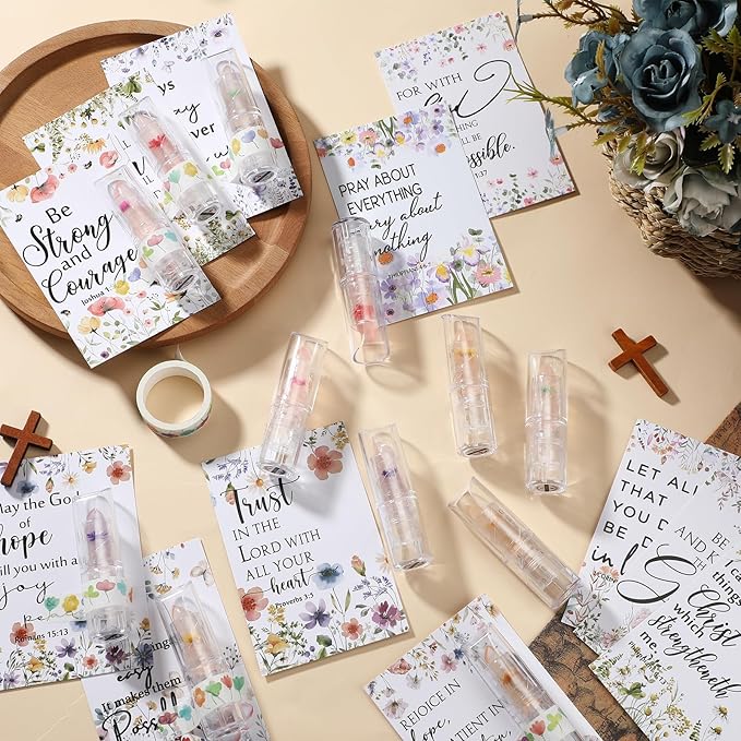 12 Sets Christian Lip Balms with Inspirational Bible Verse Card Bulk Gifts for Women Flower Sign Taste Lip Balm with Tag for Employee Coworker Teacher Family Church Wedding Favor-GlimoraGlow