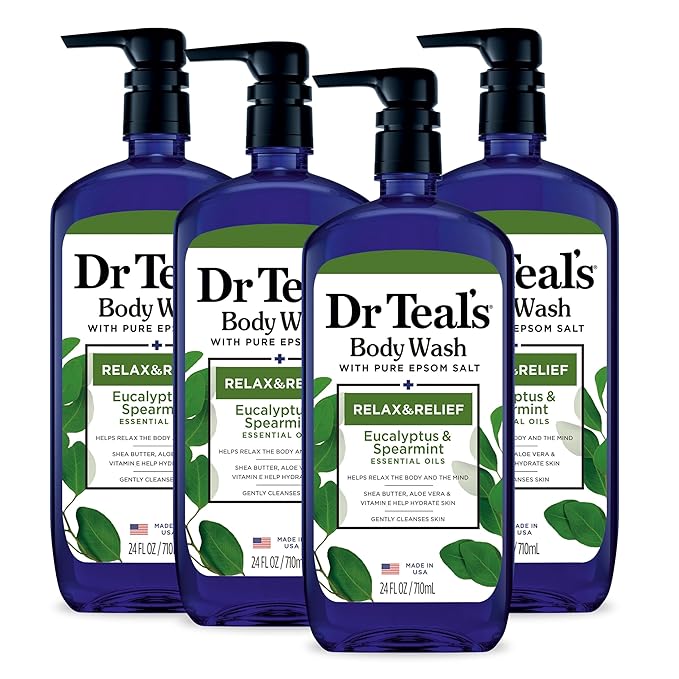 Dr Teal's Body Wash with Pure Epsom Salt, Relax & Relief with Eucalyptus & Spearmint, 24 fl oz (Pack of 4) (Packaging May Vary)-GlimoraGlow