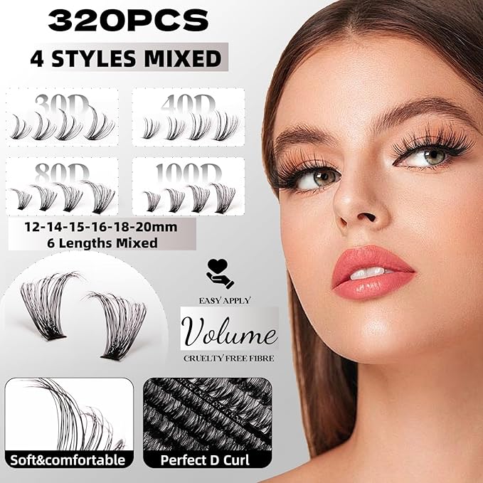 Lash Clusters 320pcs Lash Extension Kit 30D 40D 80D 100D Individual Lashes Kit 12-20mm Eyelash Extension Kit with Lash Bond&Seal,Lash Remover and Lash Tweezers for Easy Use(30/40/80/100D-0.07D Kit))-GlimoraGlow