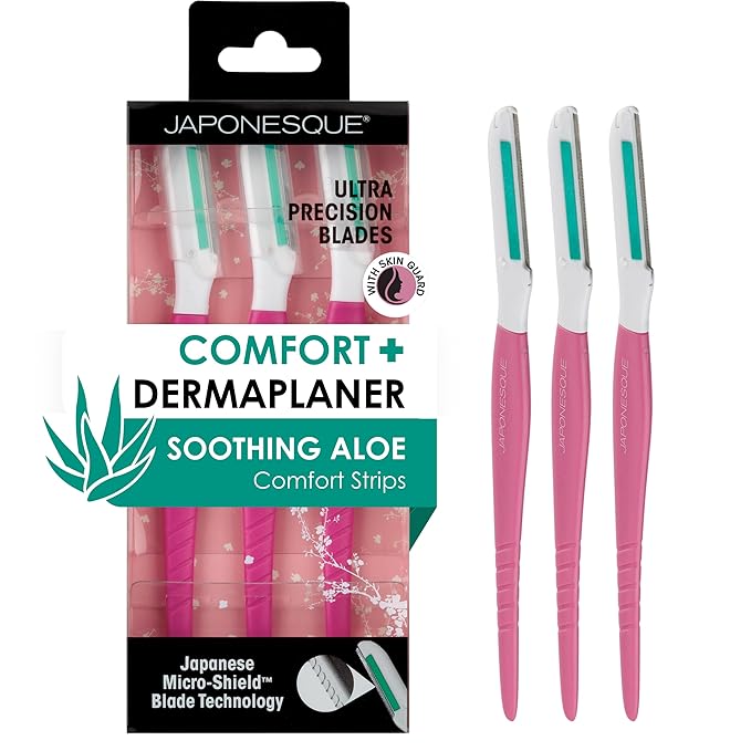 JAPONESQUE Dermaplaner with Soothing Aloe Comfort Strip - Skin Tool with Ultra Precision Blade for Facial Hair Removal and Exfoliation, 3pk.-GlimoraGlow