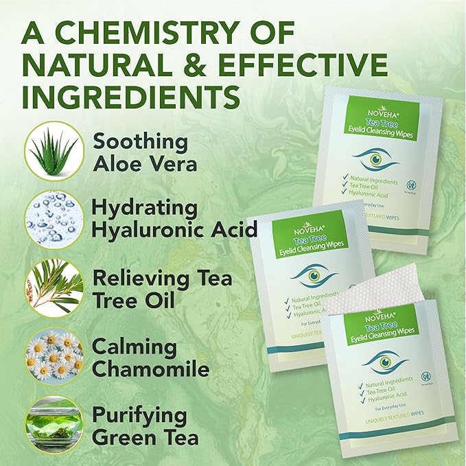 NOVEHA 60PCs Tea Tree Oil Eyelid & Lash Wipes | With Hyaluronic Acid, Green Tea & Chamomile For Blepharitis, Itchy & Stye Eyes, Individually Wrapped, Natural Eyelash Makeup Remover & Daily Cleanser-GlimoraGlow