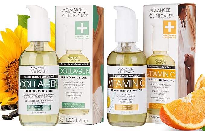 Advanced Clinicals Collagen Body Oil + Vitamin C Brightening Body Oil Moisturizer 2pc Skincare Set - Nourishing, Brightening, & Firming Massage Oil To Improve Look Of Crepe Skin + Dark Spots, 2PC Set-GlimoraGlow