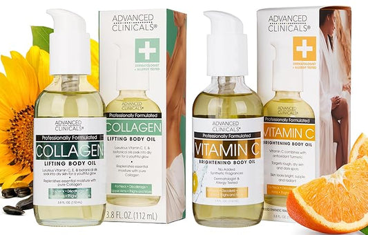 Advanced Clinicals Collagen Body Oil + Vitamin C Brightening Body Oil Moisturizer 2pc Skincare Set - Nourishing, Brightening, & Firming Massage Oil To Improve Look Of Crepe Skin + Dark Spots, 2PC Set-GlimoraGlow