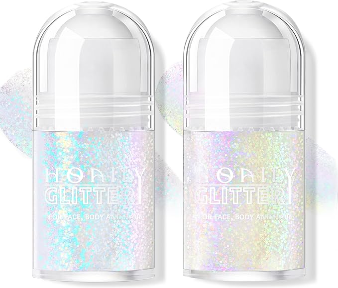 2 Colors Roll-on Body Glitter Gel, Holographic Glitter Gel Under Light for Face Hair, Body Shimmer for Rave Accessories Christmas New Year Halloween Makeup (9+10)-GlimoraGlow