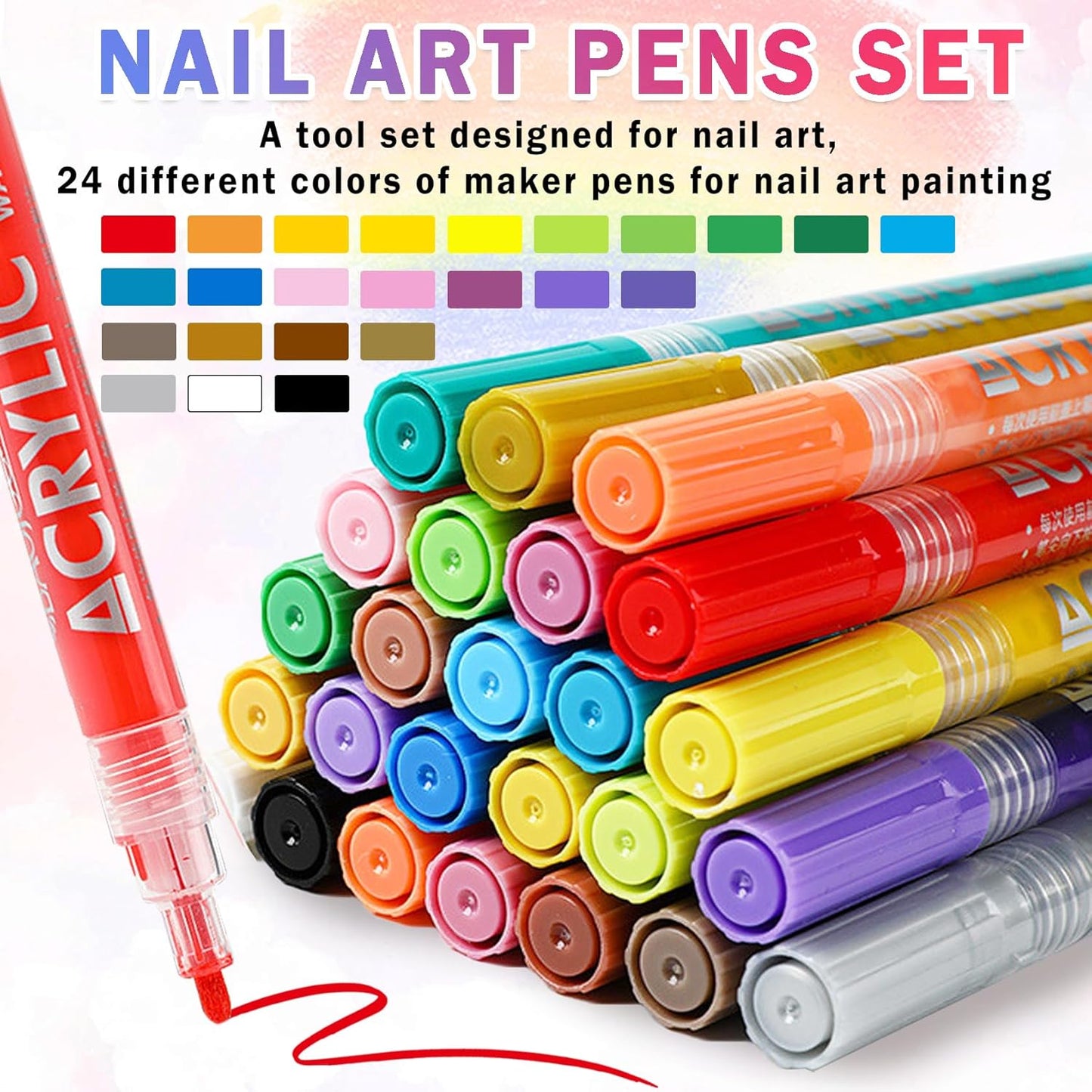 24 Colors Nail Art Pens Set Nail Polish Pens Nail Art Drawing Graffiti Marker Pen Quick Dry Waterproof Nail Art Painting Pens Kit for Home DIY Nail Art Design-GlimoraGlow