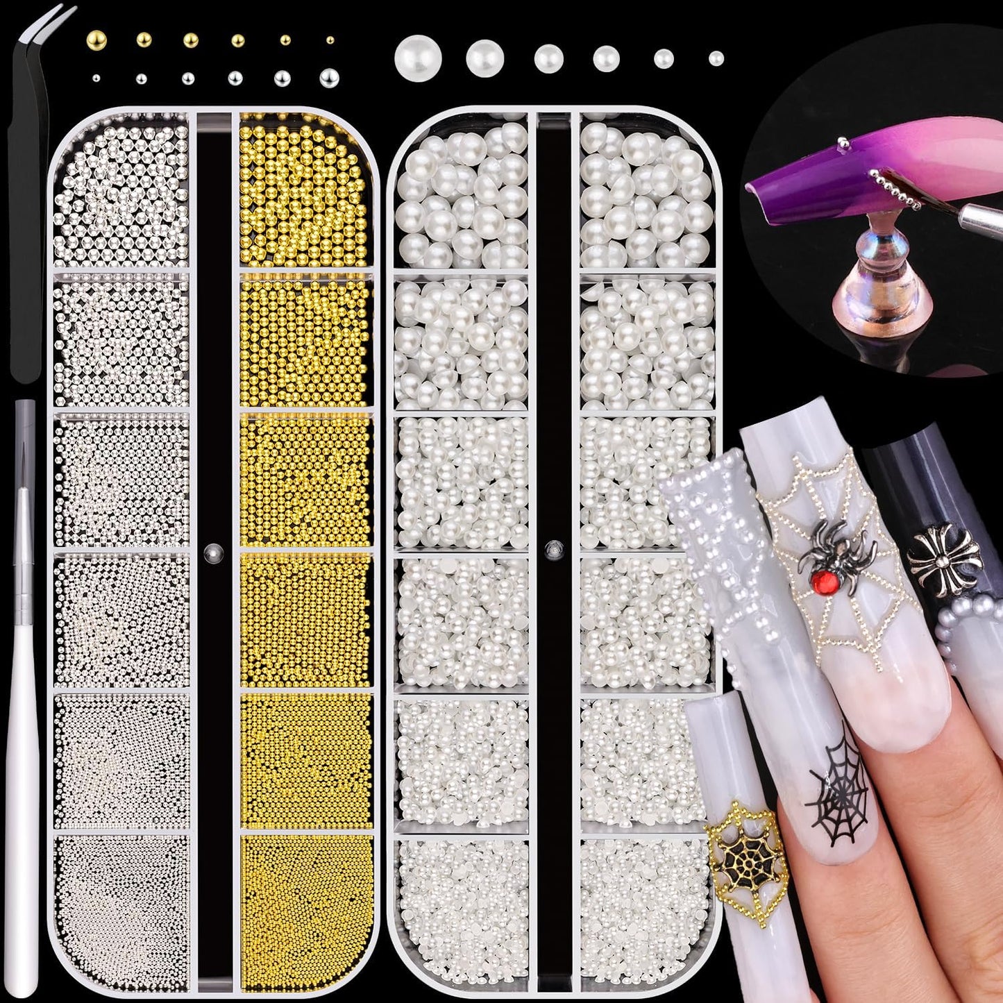 2 Boxes Flatback Pearls (White) and Metal Nail Beads (Silver+Gold) for Acrylic Nail Tips Manicure Decor-GlimoraGlow