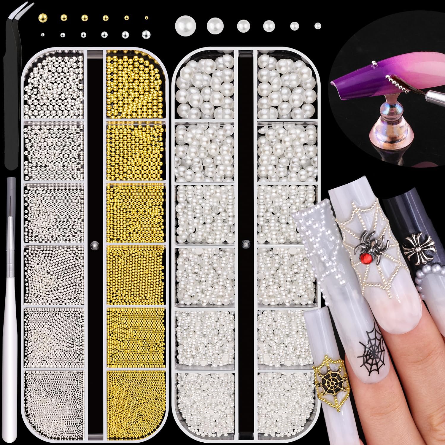 2 Boxes Flatback Pearls (White) and Metal Nail Beads (Silver+Gold) for Acrylic Nail Tips Manicure Decor-GlimoraGlow