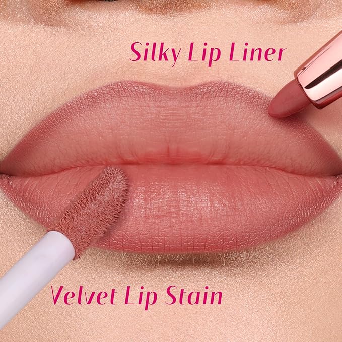2 PCS Lip Liner and Lip Stain Combo Set, High Pigmented Long Lasting Velvet Lip Tint, Well-Defined Lipliner, Weightless Waterproof Not Animal Tested, Matte Finish Makeup-GlimoraGlow