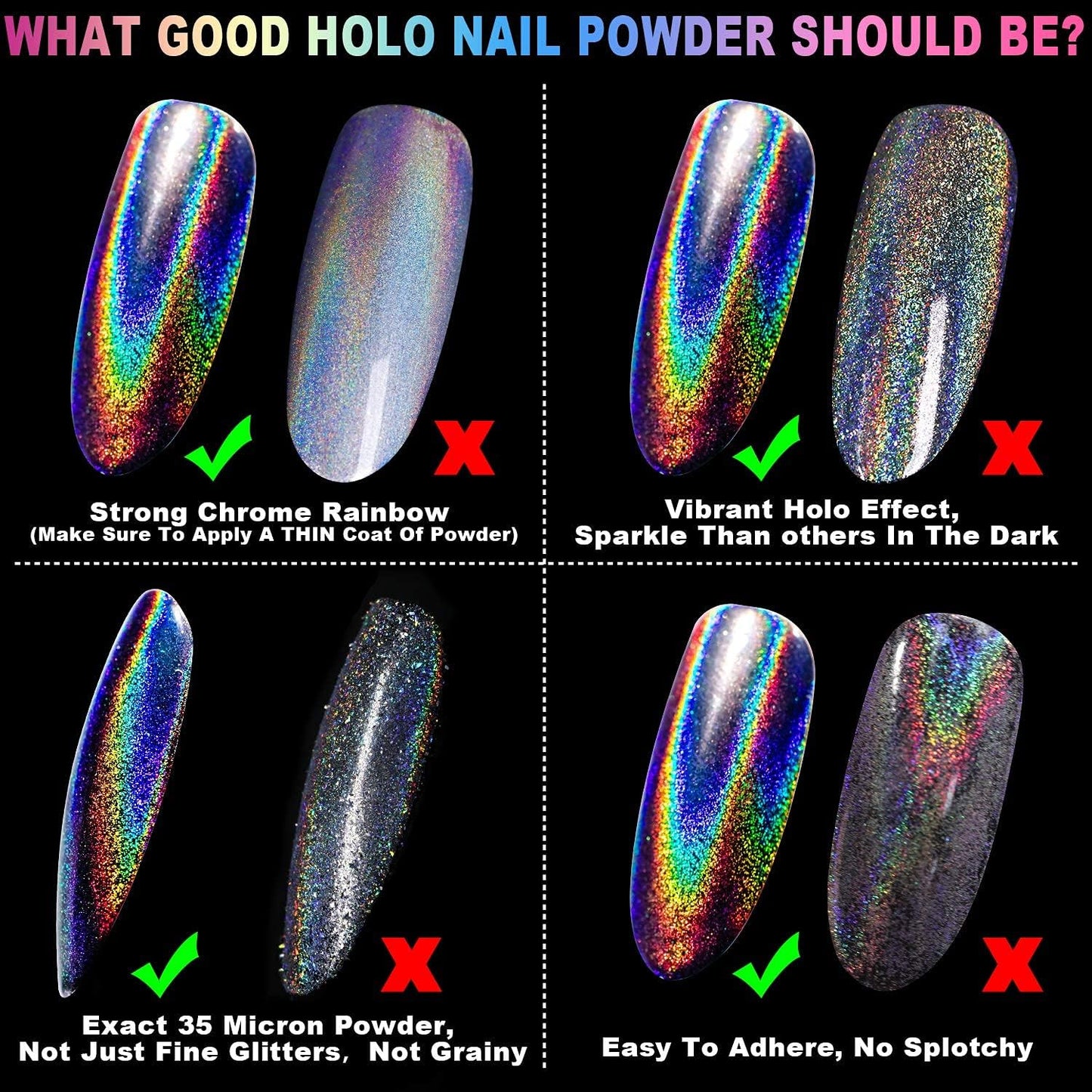 2 Jars Holographic Nail Powder Fine Rainbow Holo Mermaid Unicorn Mirror Laser Effect Multi Chrome Manicure Pigment Glitter Dust + 6PCS Sponge Tools for Salon Home Nail Art DIY Decroration-GlimoraGlow