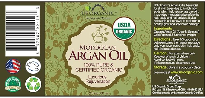 US Organic Moroccan Argan Oil, USDA Certified Organic,100% Pure & Natural, Cold Pressed Virgin, Unrefined, 2 Oz in Amber Glass Bottle, for Hair treatment, Skin, Nail, Cuticle, Sourced from Morocco.-GlimoraGlow