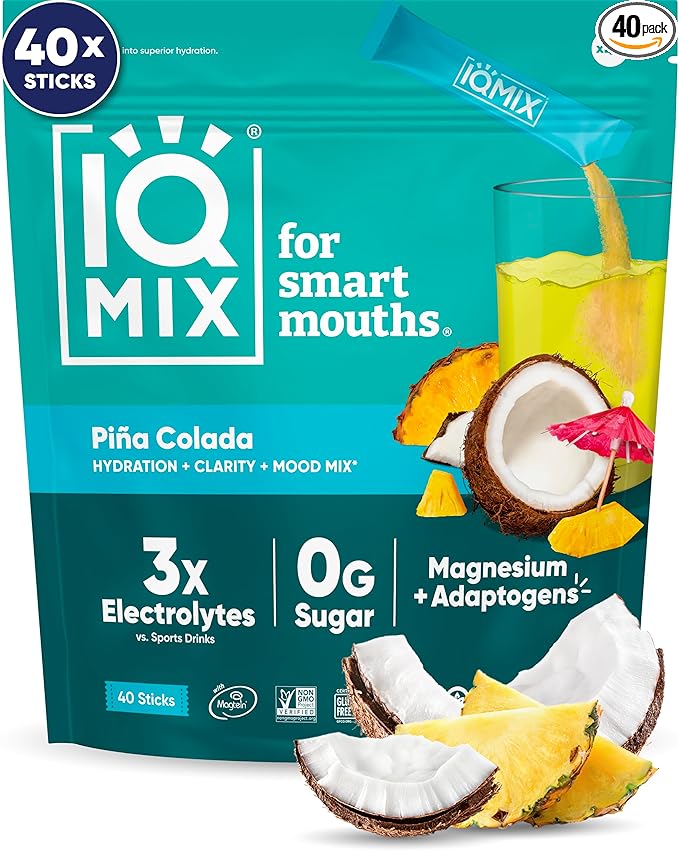 IQMIX Hydration Electrolyte Powder – 4-in-1 Formula for Hydration, Mental Clarity, Mood and Recovery – Sugar-Free Drink Mix, Keto, Magnesium L-Threonate, Lion’s Mane – 40 Count Piña Colada-GlimoraGlow