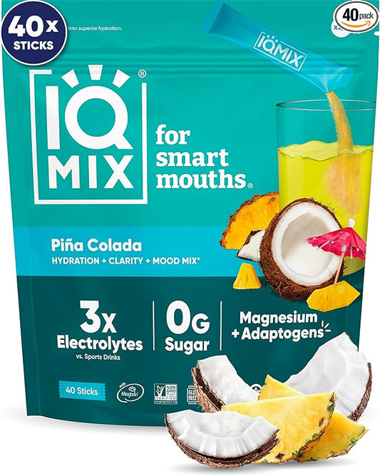 IQMIX Hydration Electrolyte Powder – 4-in-1 Formula for Hydration, Mental Clarity, Mood and Recovery – Sugar-Free Drink Mix, Keto, Magnesium L-Threonate, Lion’s Mane – 40 Count Piña Colada-GlimoraGlow
