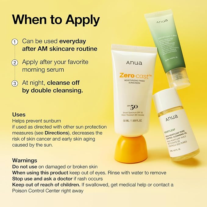 Anua Zero-Cast Moisturizing Finish Sunscreen,SPF 50, Glow Natural Sunscreen,No White cast, Hyaluronic Acid, Niacinamide sun block for face,Oil-Free, Oxybenzone free, Travel Essential (50ml/1.69fl.oz)-GlimoraGlow