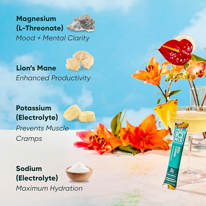 IQMIX Hydration Electrolyte Powder – 4-in-1 Formula for Hydration, Mental Clarity, Mood and Recovery – Sugar-Free Drink Mix, Keto, Magnesium L-Threonate, Lion’s Mane – 40 Count Piña Colada-GlimoraGlow