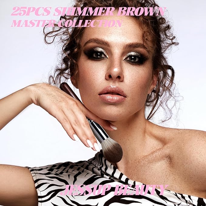 Jessup Makeup Brushes Set Professional 25pcs Premium Synthetic Make up Brushes for Foundation Eyeshadow Blending Concealer Blush Contour Bronzer Eyeliner Eyebrow, Shimmer Brown T511-GlimoraGlow