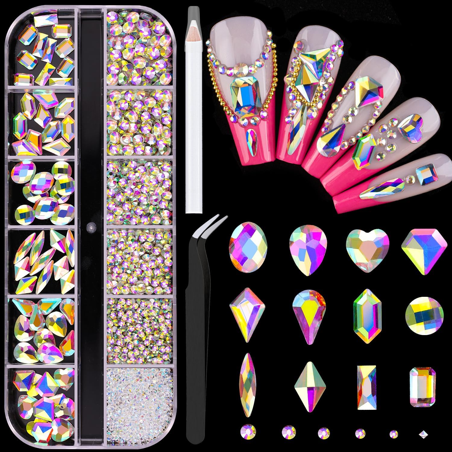 2060Pcs AB Glass Nail Rhinestones 60Pcs Multi Shapes Flatback Nail Gems + 2000Pcs 1.5-4mm Round Crystal, Manicure Nail Charms Diamond Gemstones for Acrylic Nails Decoration-GlimoraGlow