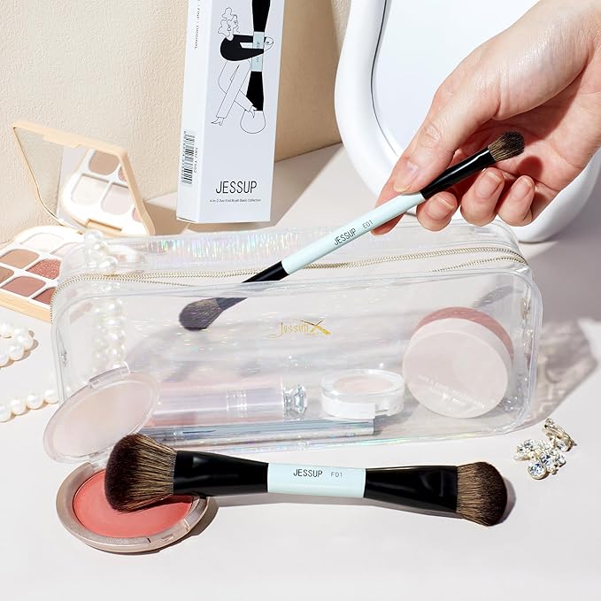 Jessup Makeup Brushes 2pcs Double Sided Foundation Brush Contour Brush Dual Ended Eye Blending Brush, Multi-functional Cosmetic Brush Bright Cyan T502-GlimoraGlow