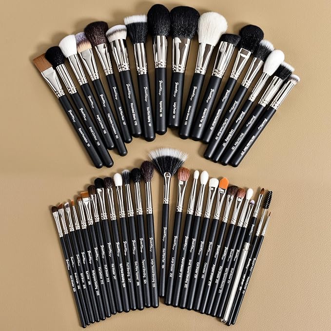 Makeup Artist MUST HAVES 42Pcs Makeup Brushes Set with Real Natural Goat Hair By BUEART DESIGN (42Pcs Matte Pearl Black)-GlimoraGlow
